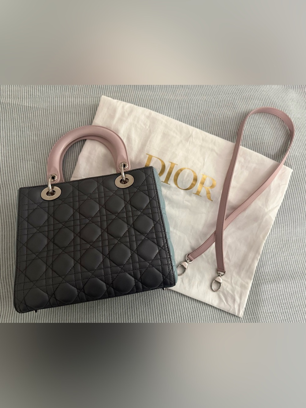 Lady Dior Tricolor Quilted Leather Tote with Pink Handles